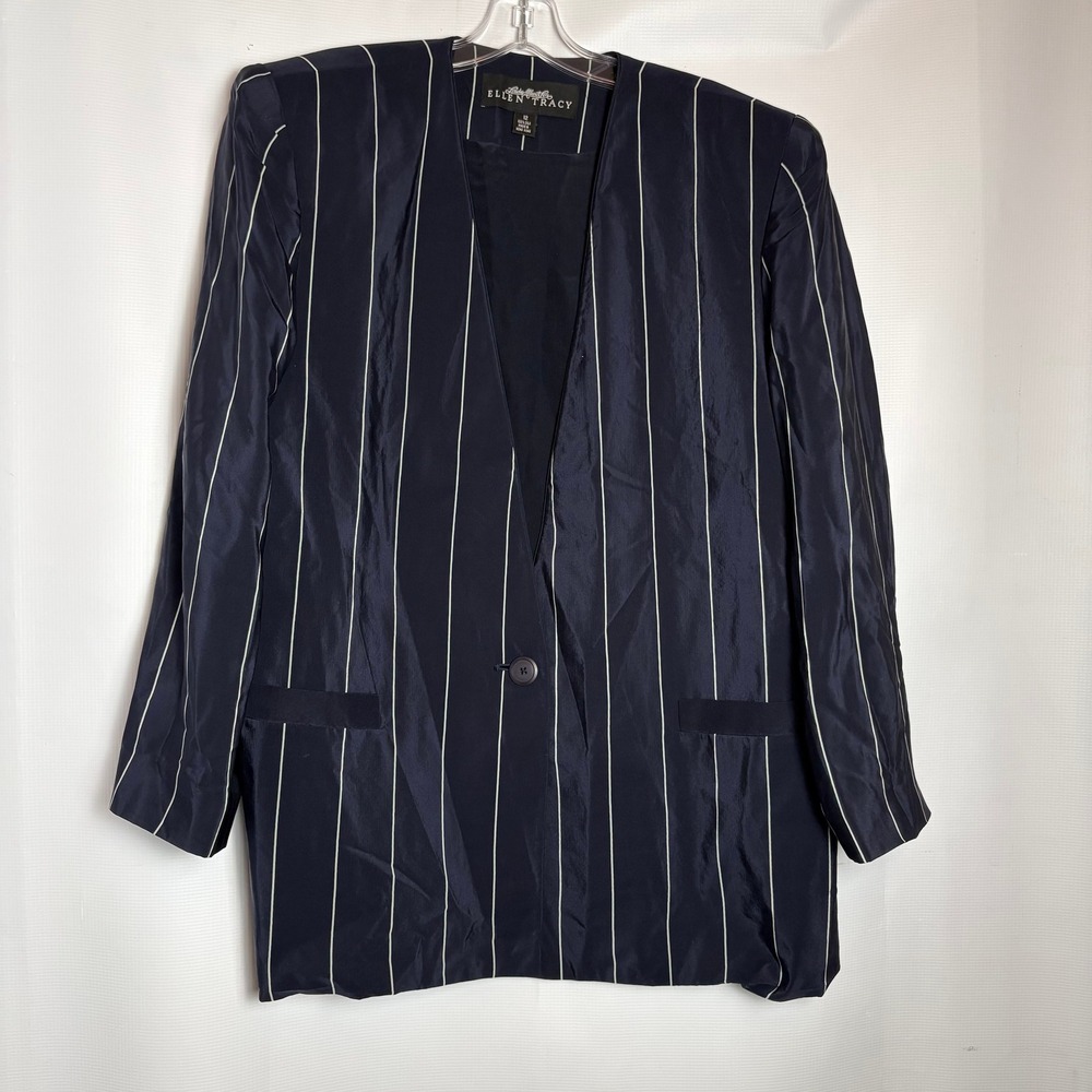Linda Allard Ellen Tracy 100% Silk Navy Pinstripe Blazer Jacket Womens 12 Vtg